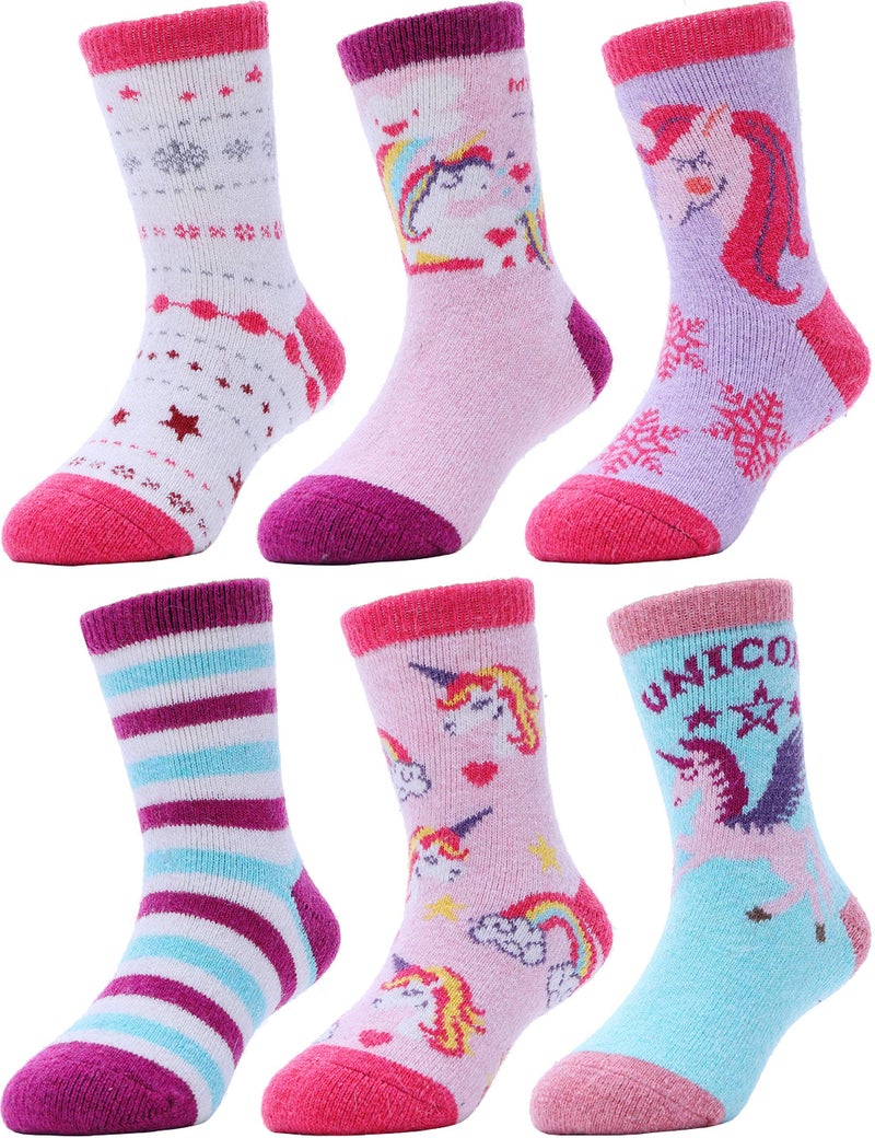 ANTSANG Kids Merino Wool Hiking Socks Toddlers Boys Girls Winter Warm Thick Thermal Crew Boot Heavy Cozy Snow Cabin Gift Snowboarding Socks 6 Pairs for Childs(Unicorn,8-12Y) - Image 1